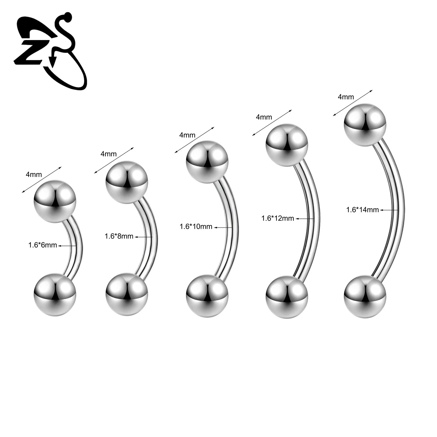 ZS 1PC Internal Thread 14/16/18G Stainless Steel Belly Button Ring 6MM-14MM Curved Navel Rings Helix Cartilage Piercings Jewelry