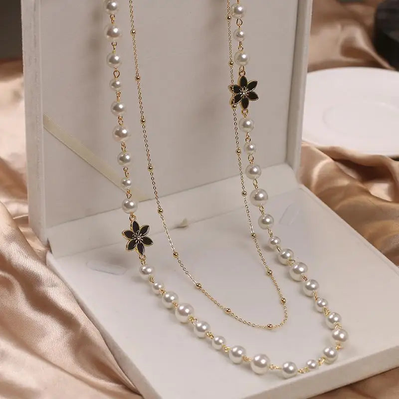 Vintage Lady Camellia Pearls Flower Long Necklace Chain Elegant Double Layers Fashion  Jewelry For Women Party Collares de moda