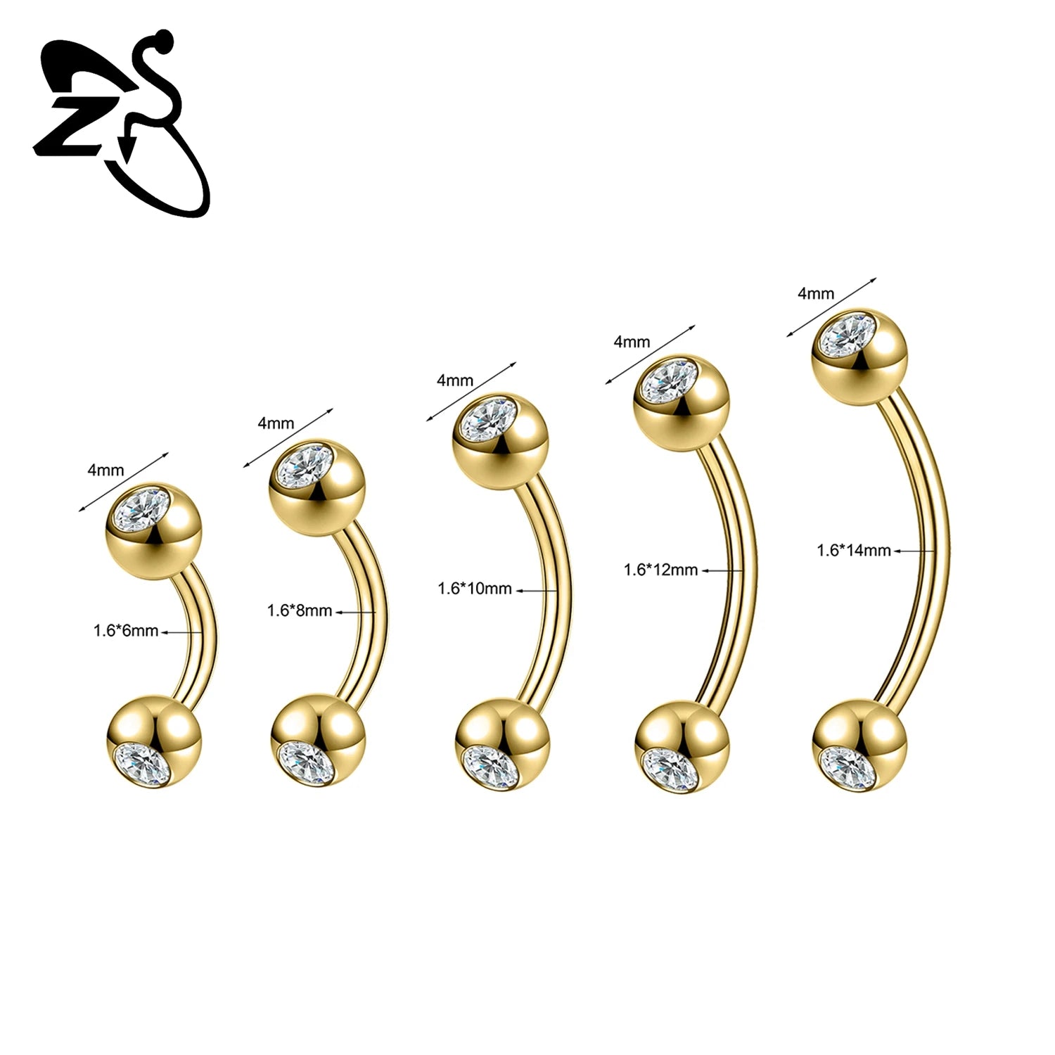 ZS 1PC Internal Thread 14/16/18G Stainless Steel Belly Button Ring 6MM-14MM Curved Navel Rings Helix Cartilage Piercings Jewelry
