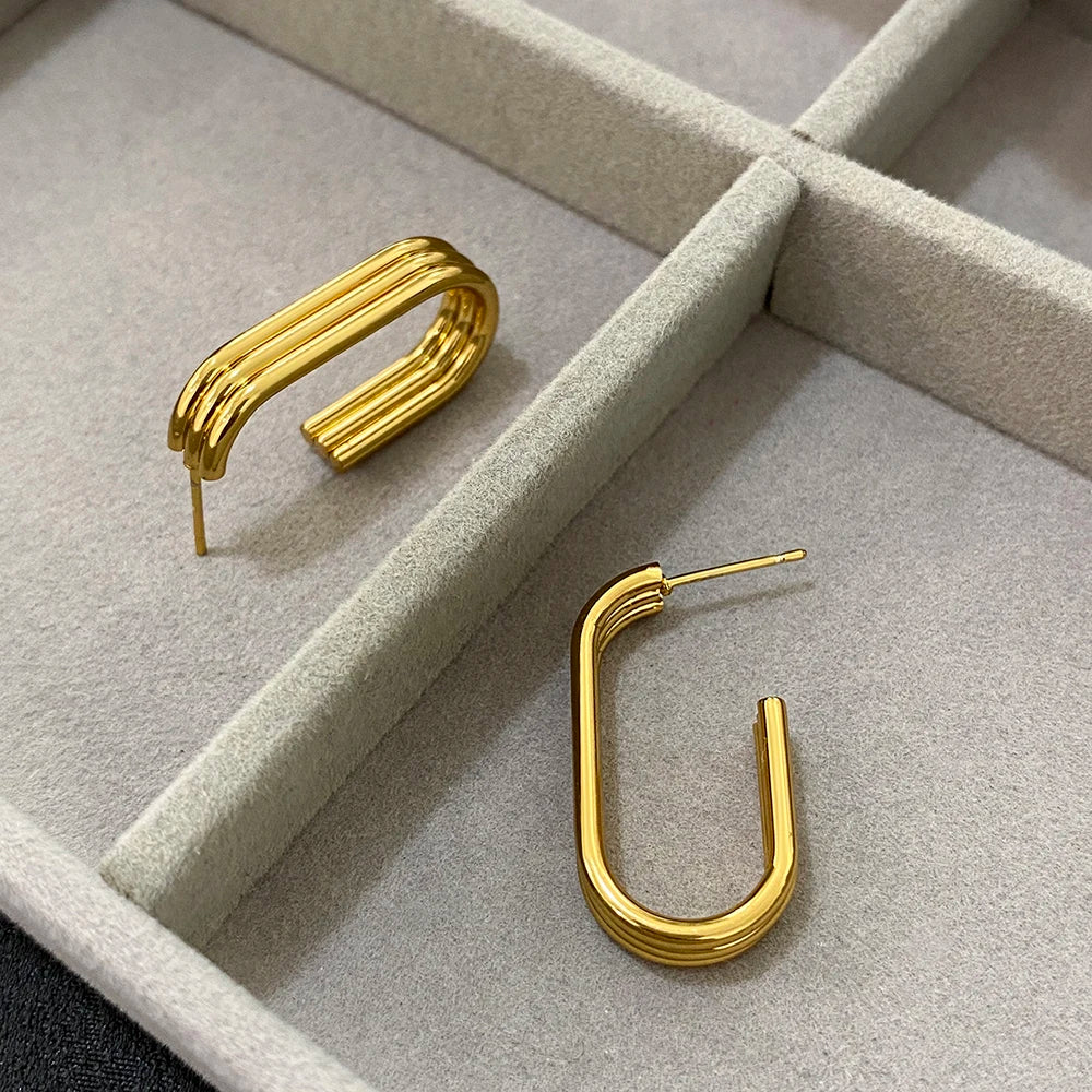 Trendy Gold Color Copper Alloy Hoop Earrings Women's Triple Layered Chunky Hoops Geometry Earrings Huggies Minimalist Jewelry