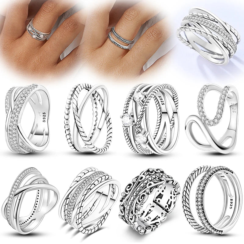 Women's 925 Sterling Silver Geometric Overlapping Zircon Classic Design Rings Anniversary Birthday Engagement Fine Jewelry