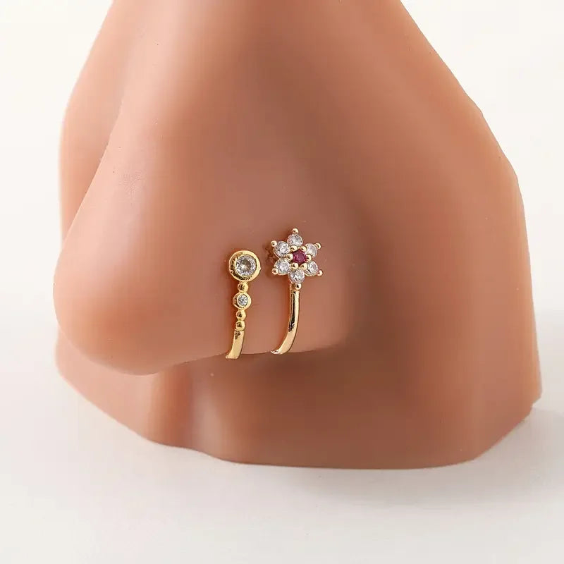 Bohemian Style Adjustable U-shaped Nose Clip with Red Zirconia - No Piercing Required Fake Nose Ring Jewelry