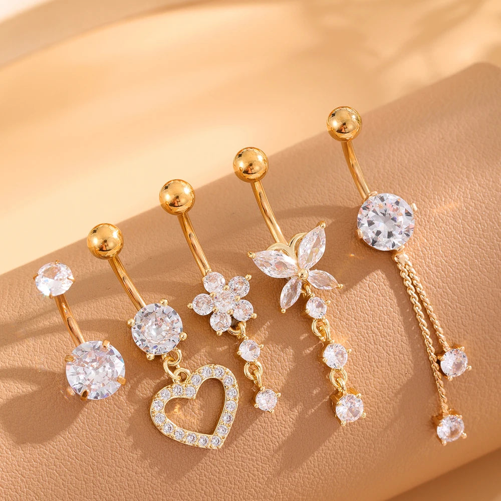 3-5pcs/Lot Belly Button Ring Sets Heart Butterfly Flower Dangled Belly Piercing Nombril 14G Curved Navel Rings Jewelry for Women