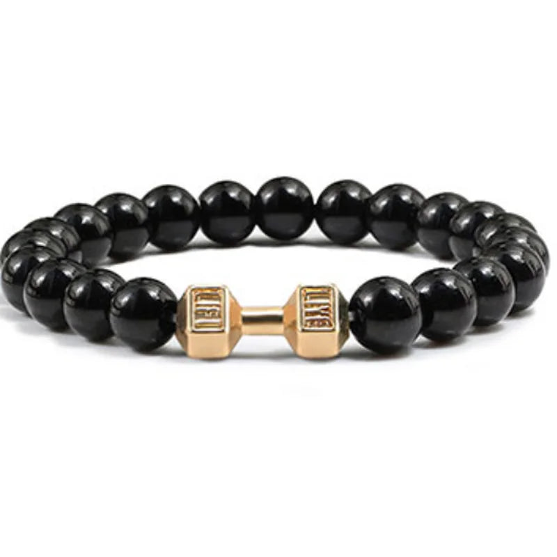 Hot Selling Vintage Men's Bangle Natural Stone Bead Dumbbell Pendant Elastic Strand Bracelet for Friend's Gift