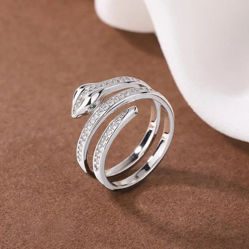 Fashion Winding Snake Rings For Women Men Punk Hip Hop Open Adjustable Gold Color Ring Stainless Steel Zircon Aesthetic Jewelry