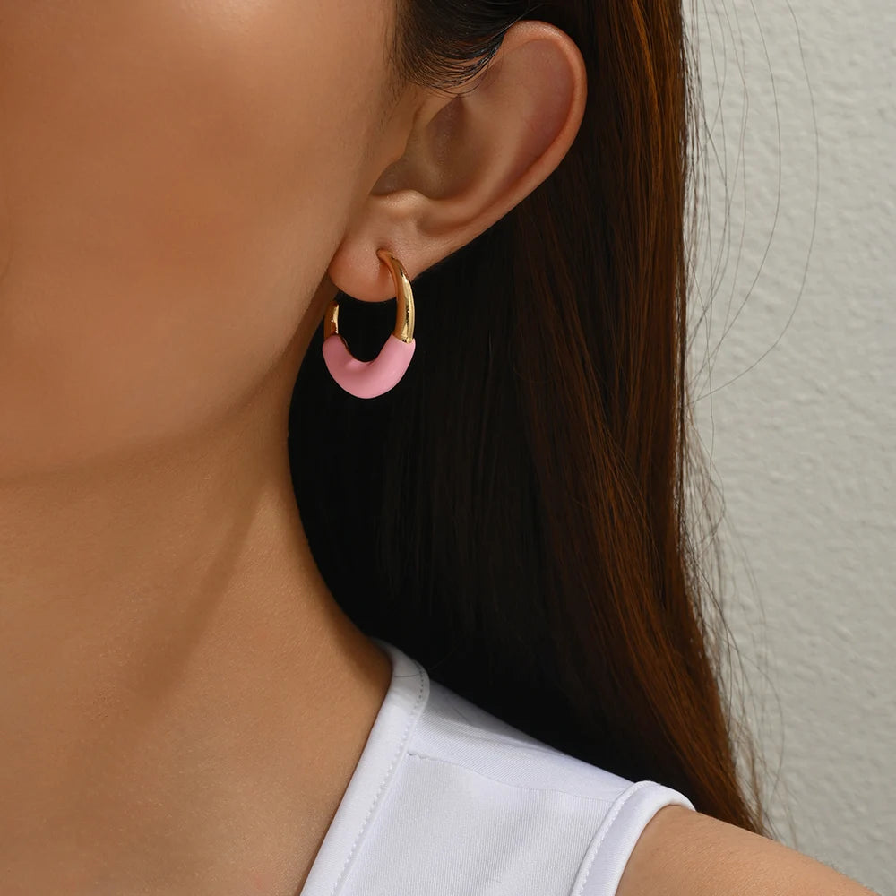 Trend Enamel Color C Shape Gold Color Hoop Earrings for Women Girls Colorful Candy Circle Piercing Ear Stud Creative Jewelry