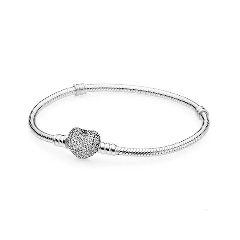 925 Silver European Heart Star Clasp Clip Snake Chain Size 16-21cm Bracelet Bangles Jewelry Accessories Charm