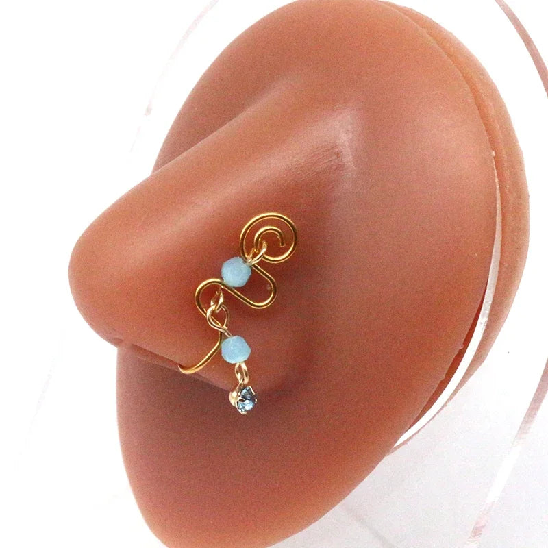 Nose Cuffs Fake Nose Ring Brass Thread Bead Dangle Copper Clip On Nose Ring Non Piercing Body Jewelry For Women