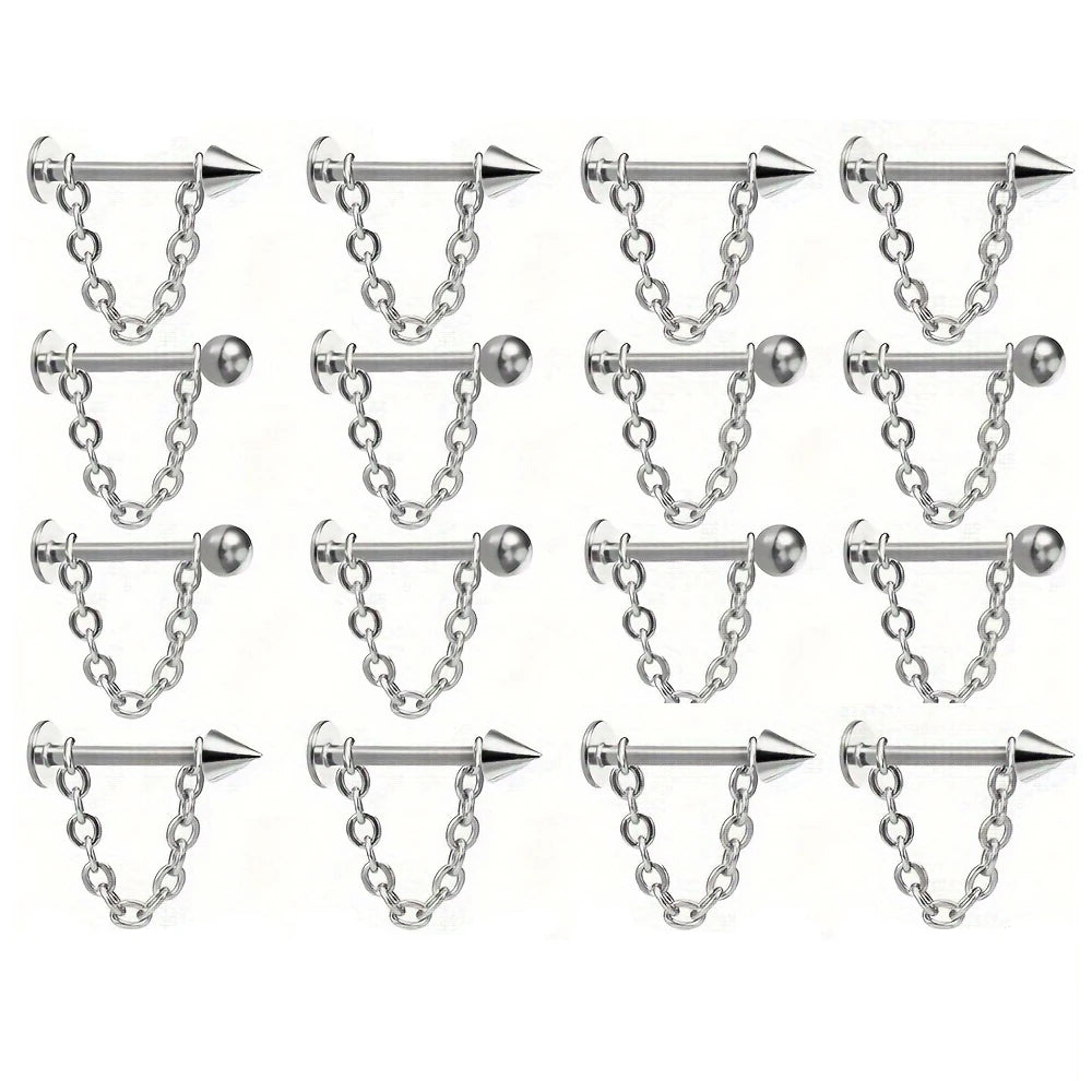 2pcs Fashion Simple Stainless Steel Chain Lip Stud Cartilage Stud Earrings Detachable Piercing Jewelry For Daily Wear