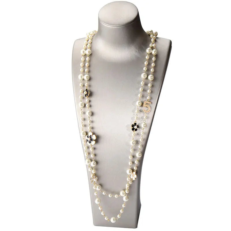 Vintage Lady Camellia Pearls Flower Long Necklace Chain Elegant Double Layers Fashion  Jewelry For Women Party Collares de moda