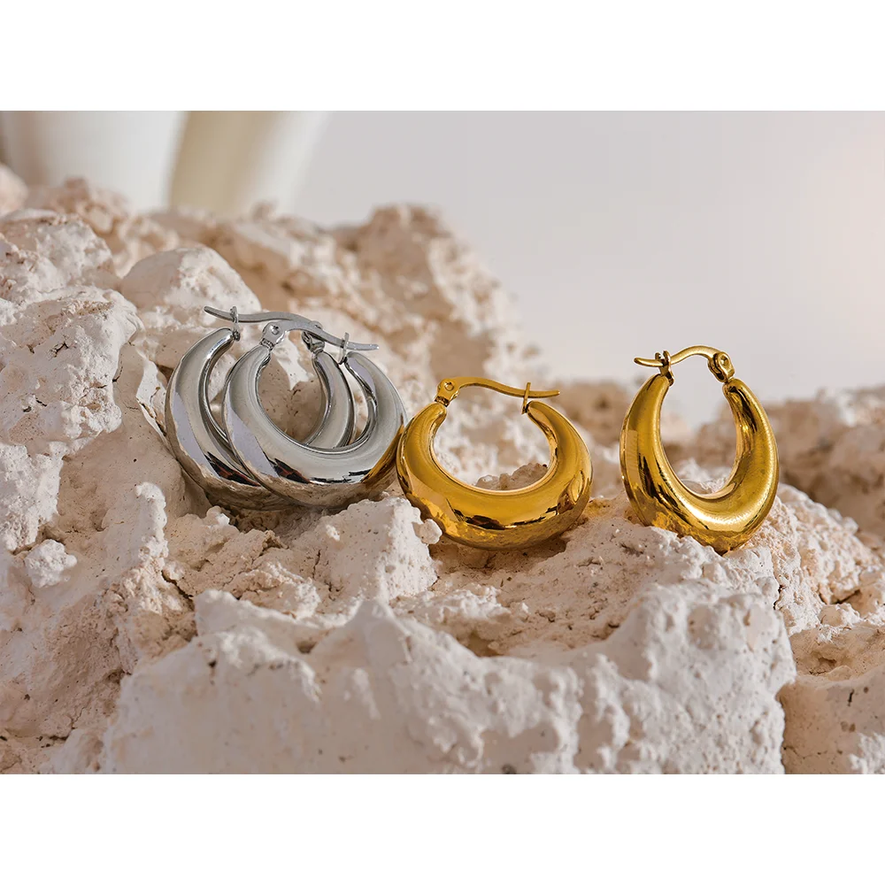 Yhpup Statement Stainless Steel Geometric Hoop Earrings Jewelry for Women Trendy Metal Texture 18 K Earrings Golden Accessories