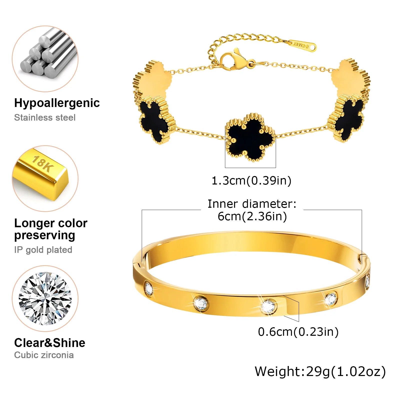 Vnox Exquisite 13mm Clover Bracelet Set for Women, Love Gift Bracelets for Wife Mothers Day Jewelry, Stainless Steel Cuff Bangle