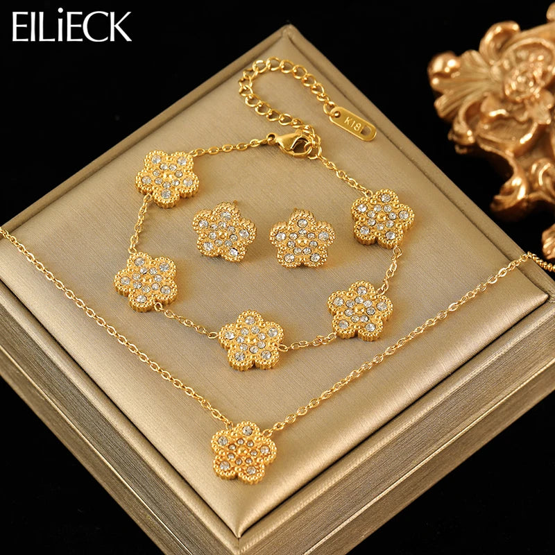 EILIECK New Fashion Stainless Steel White Zircon Clover Necklace Bracelet Earrings Set For Women Trendy Flower Jewelry Set Gift