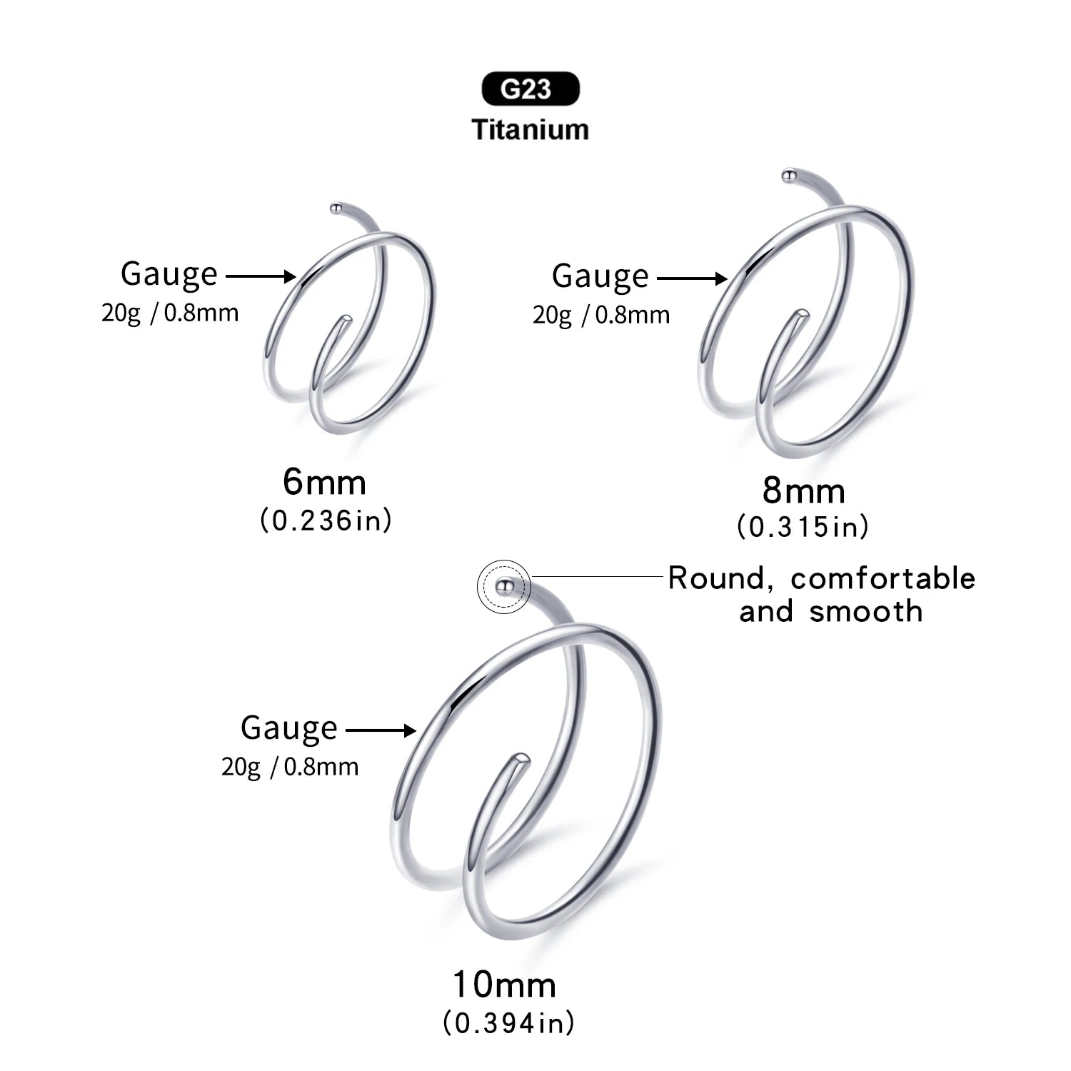 VOJO 20G G23 Titanium Double Hoop Nose Rings 6/8/10mm Hypoallergenic Small Spiral Piercing Jewelry for Women Men