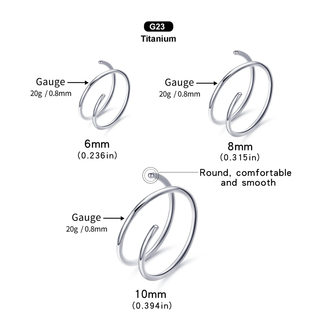 VOJO 20G G23 Titanium Double Hoop Nose Rings 6/8/10mm Hypoallergenic Small Spiral Piercing Jewelry for Women Men