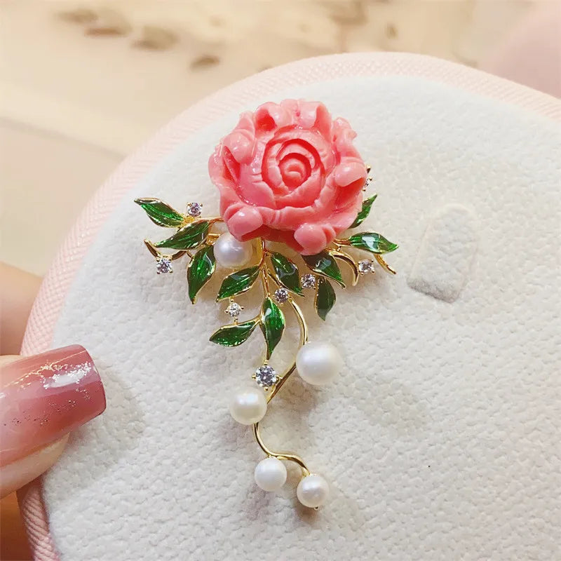 Elegant Pink Peony Brooches For Women Lady Flower Leaf CZ Zircon Pearl Pins Corsage Coat Suit Clothing Jewelry Gifts