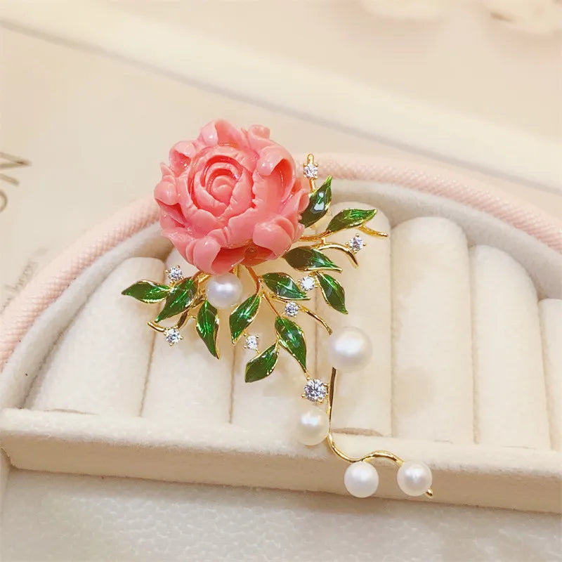 Elegant Pink Peony Brooches For Women Lady Flower Leaf CZ Zircon Pearl Pins Corsage Coat Suit Clothing Jewelry Gifts