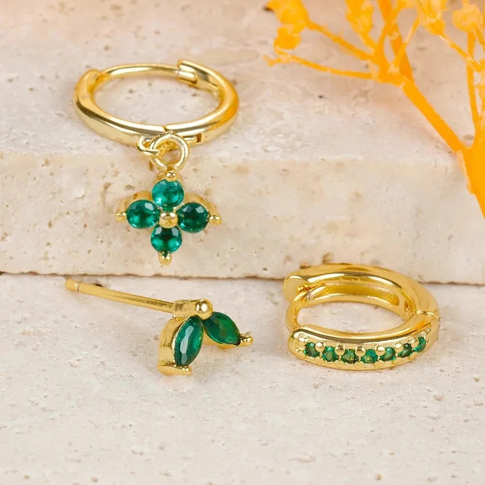 1/3Pairs Copper Green CZ Stone Huggie Hoop Earring Stud Gold Color Silver Black Geometric Cartilage Earrings For Women Jewelry