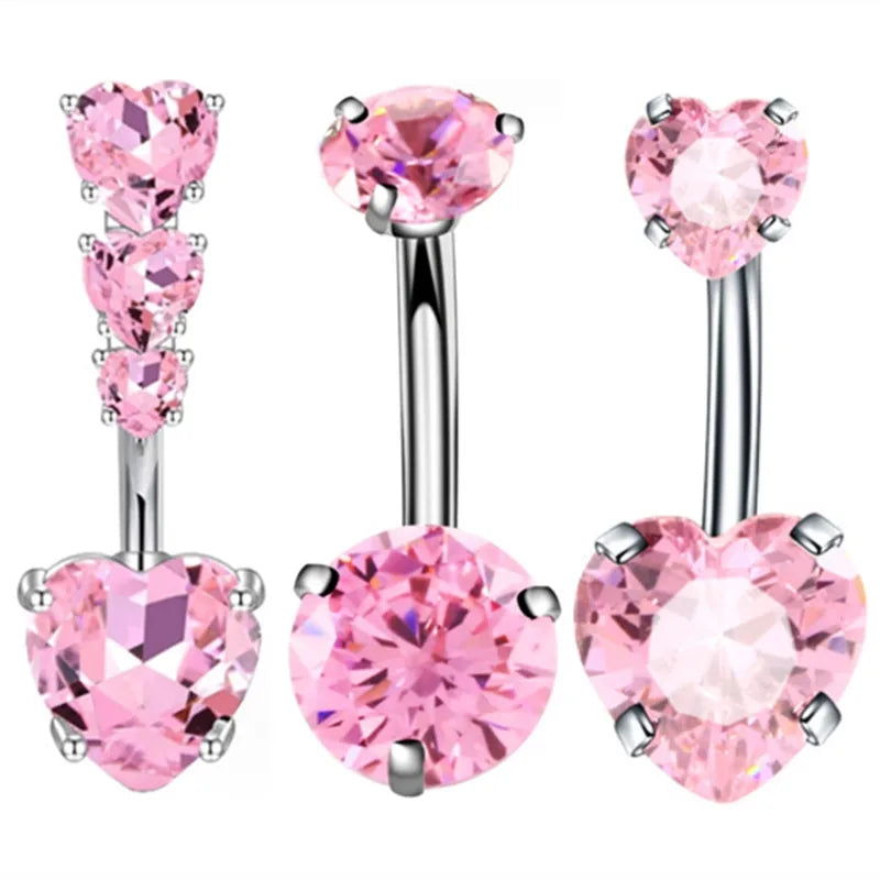 3PCS Heart Crystal Belly Button Piercing Jewelry Set Red Cz Navel Piercing Bulk Flower Belly Rings Pack Piercing Ombligo Lote