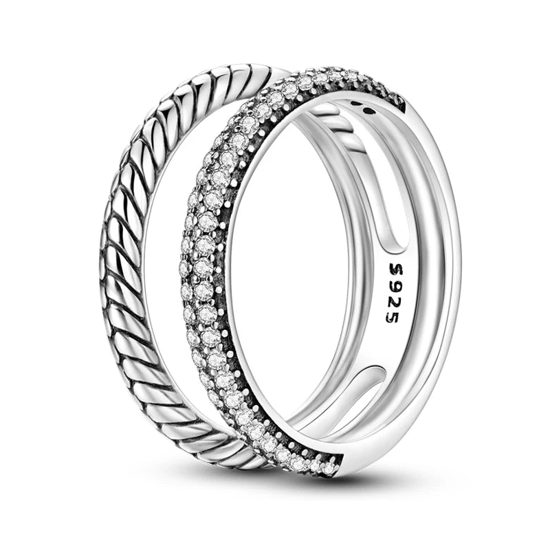 Women's 925 Sterling Silver Geometric Overlapping Zircon Classic Design Rings Anniversary Birthday Engagement Fine Jewelry