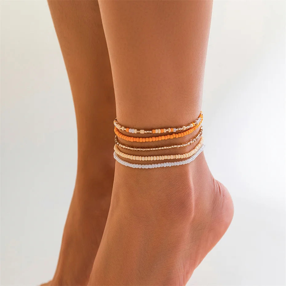 Ingemark Boho Colorful Seed Beads Anklet Set for Women Summer Beach Simple Elastic Chain Bracelet Barefoot Ankle on Leg Jewelry