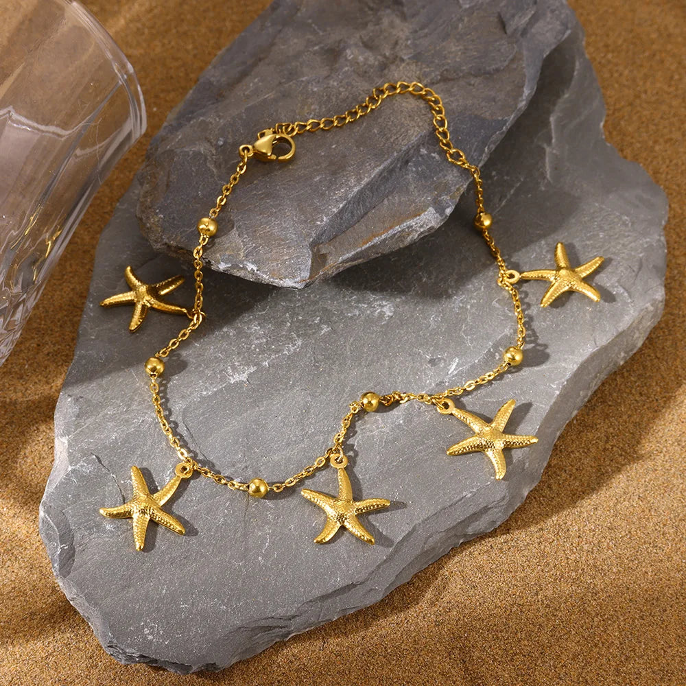 Gold Color Starfish Shell Fish Charm Anklet Link New Bead Chain Stainless Steel Bracelet Women On Foot Summer Waterproof Jewelry