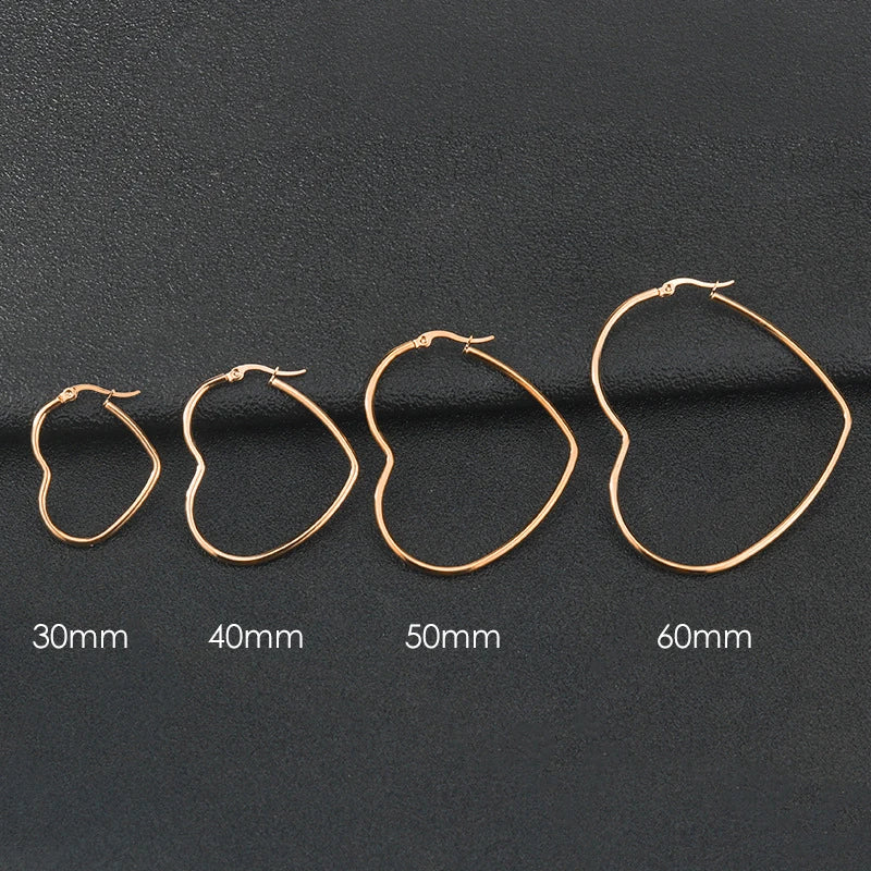 30-60mm Exaggerate Big Hoop Earring Heart Earrings For Women Stainless Steel Gold Color Hip Hop Korea Fashion Jewelry
