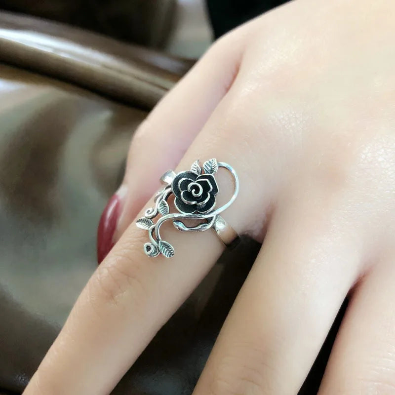 Buyee 925 Sterling Silver Big Flower Ring for Women Fashion Big Rose Open Adjustable Ethnic Jewelry Gift with Box