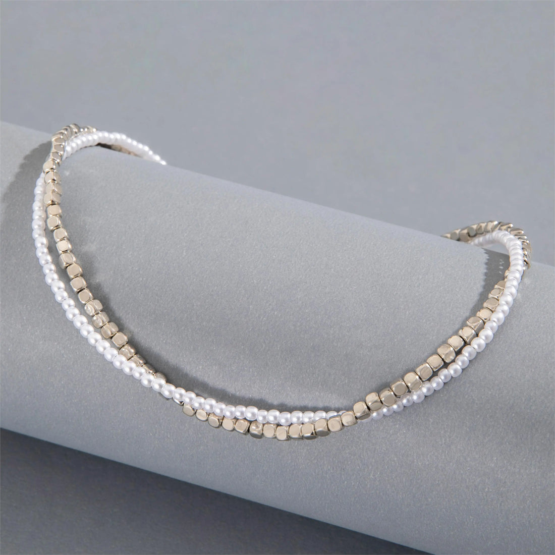 Tocona Vintage Silver Round Bead Choker Necklace for Women Fashion Two-layer Geometric Alloy Clavicle Chain Party Jewelry 26081