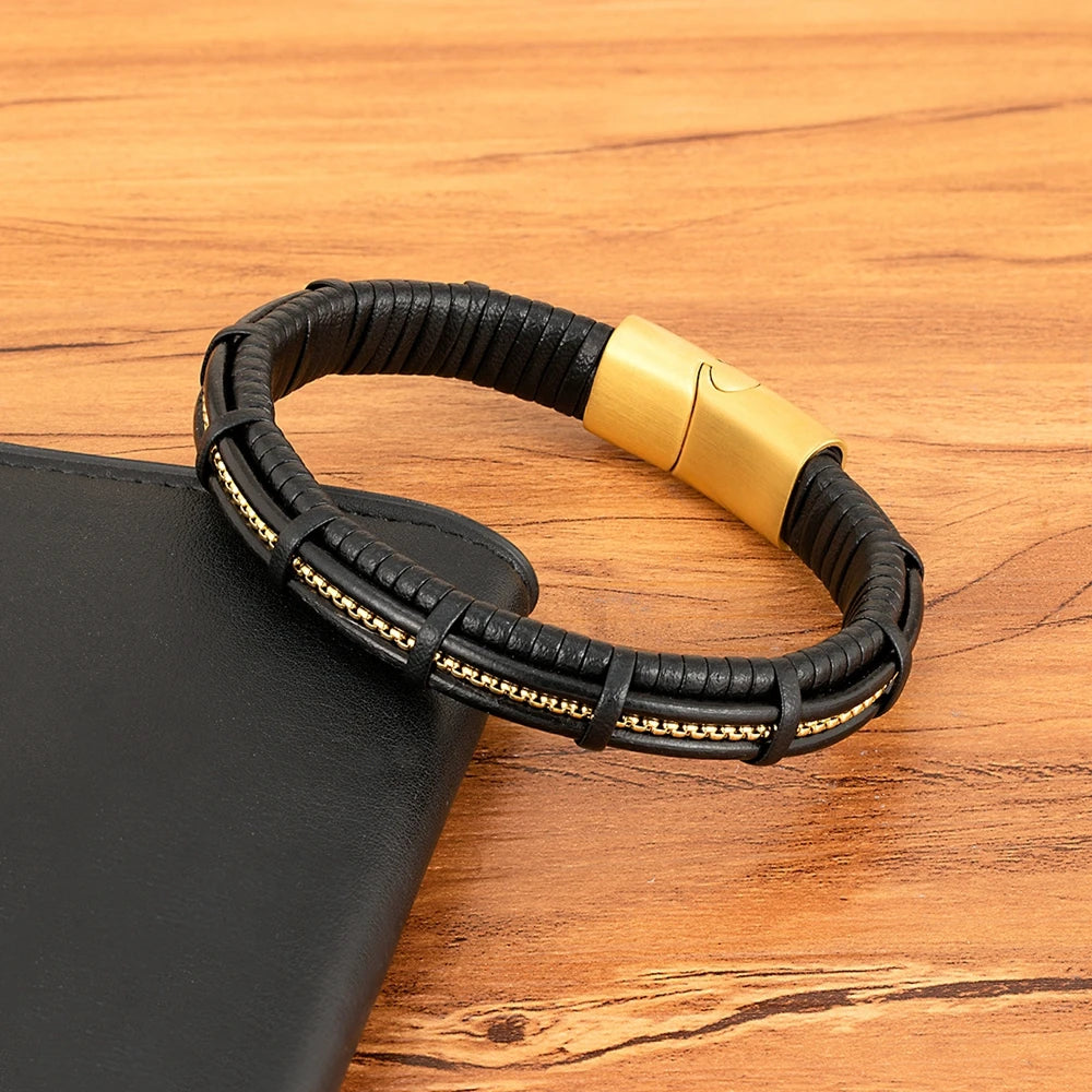 XQNI Stainless Steel Leather Bracelet For Mens Chain Charm Jewelry Magnetic Clasp Bangle for Dad Boyfriend Lover Birthday Gifts