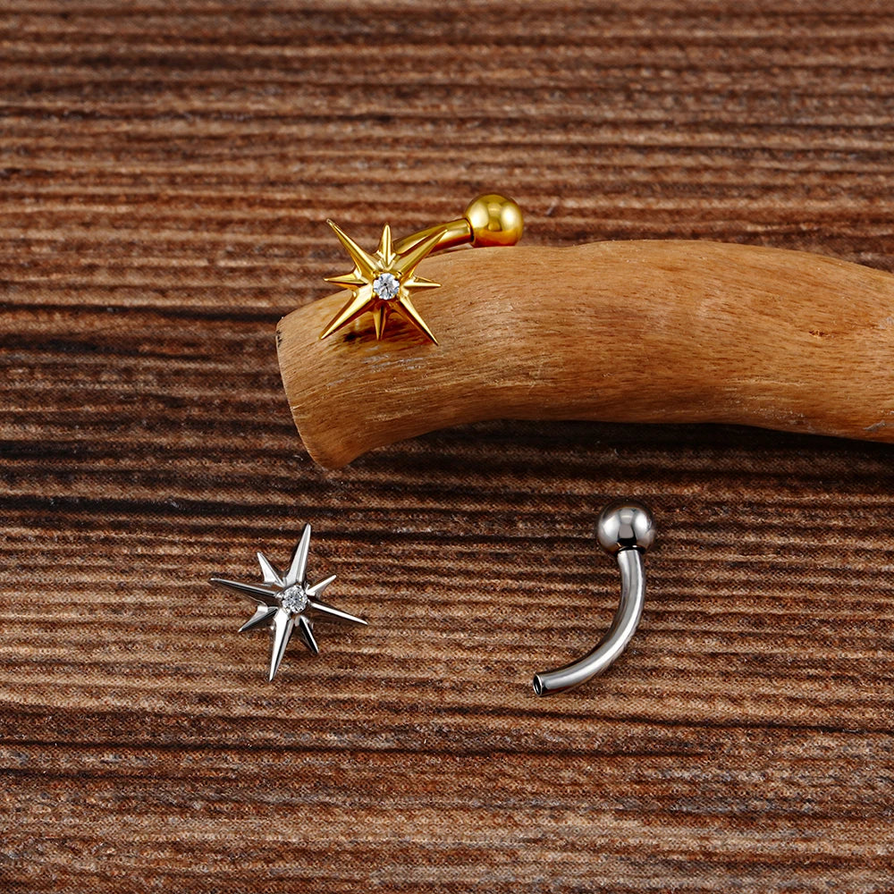 Right Grand ASTM F136 Titanium 16G CZ North Star Rook Earring 6mm 8mm Curved Barbell Eyebrow Cartilage Tragus Labret Piercing