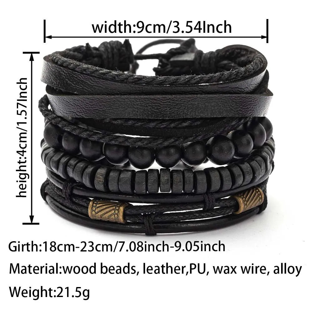 4PCS Fashion Vintage Multi-Layer Wooden Beads Trendy Accessories Men's Bracelet