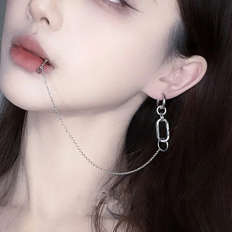 Anime Cosplay Punk Chain Linked Earrings Hinged Lip Ring Fake Piercing Lip Clip Earring Accessories Creative Metal Earrings