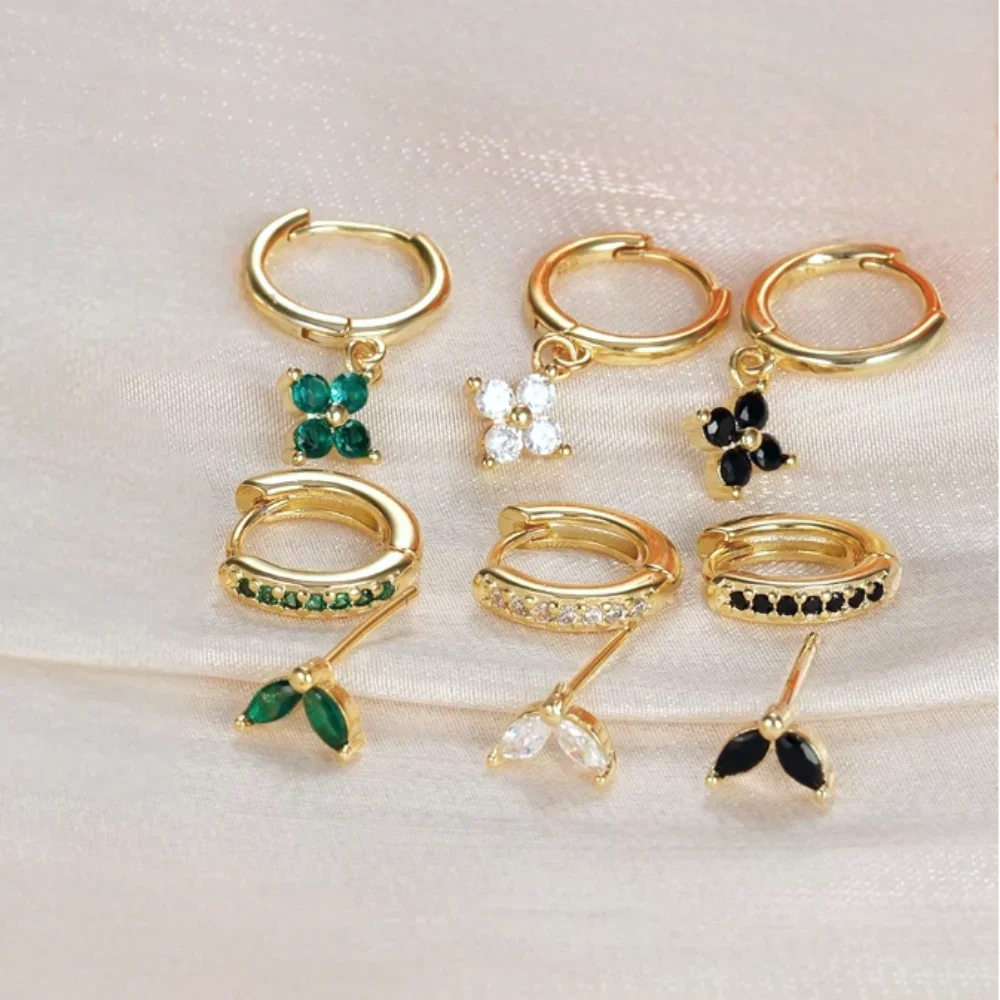 1/3Pairs Copper Green CZ Stone Huggie Hoop Earring Stud Gold Color Silver Black Geometric Cartilage Earrings For Women Jewelry