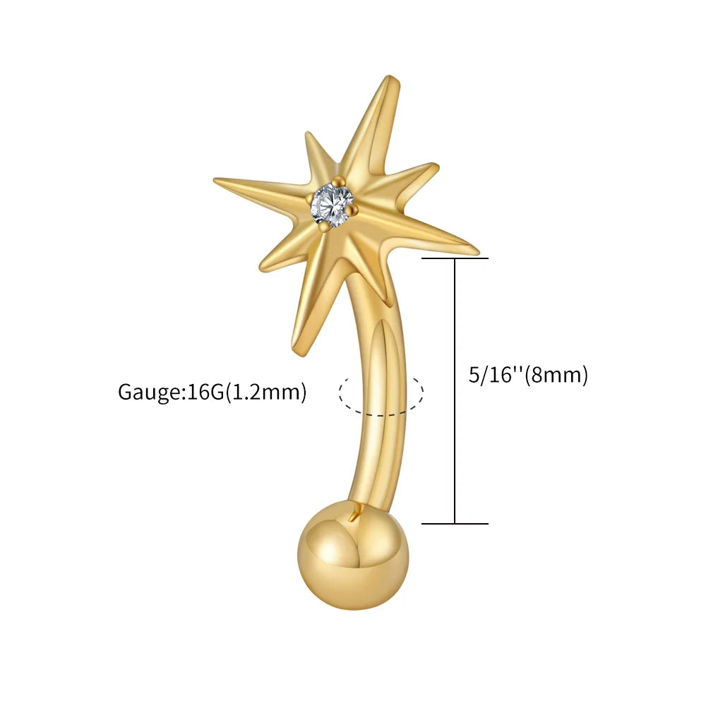Right Grand ASTM F136 Titanium 16G CZ North Star Rook Earring 6mm 8mm Curved Barbell Eyebrow Cartilage Tragus Labret Piercing