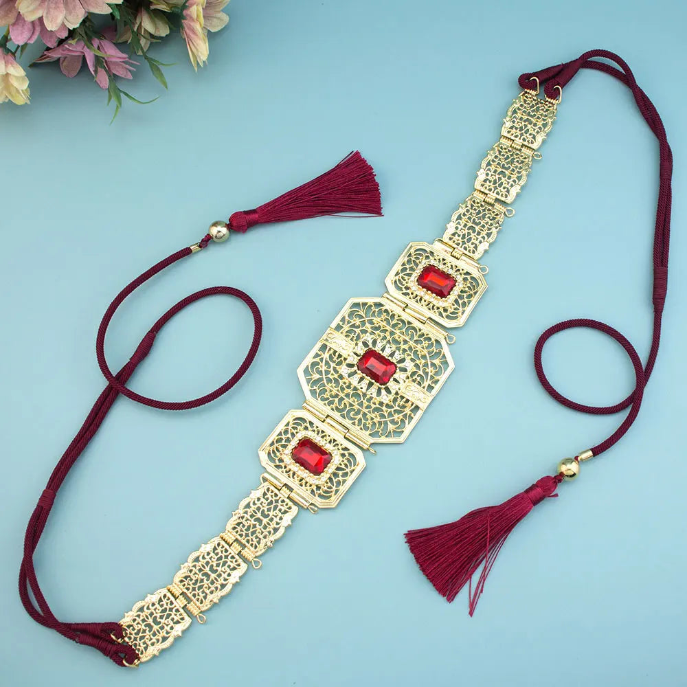 Sunspicems Gold Color Morocco Caftan Belt Hand Rope Chain Tassels Arabic Women Wedding Jewelry Bridal Dress Charm Waist Bijoux