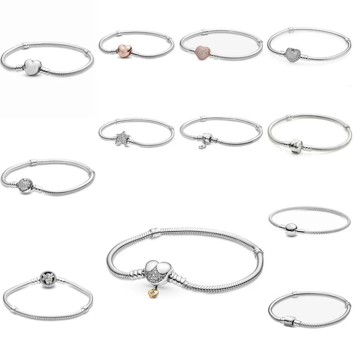 925 Silver European Heart Star Clasp Clip Snake Chain Size 16-21cm Bracelet Bangles Jewelry Accessories Charm