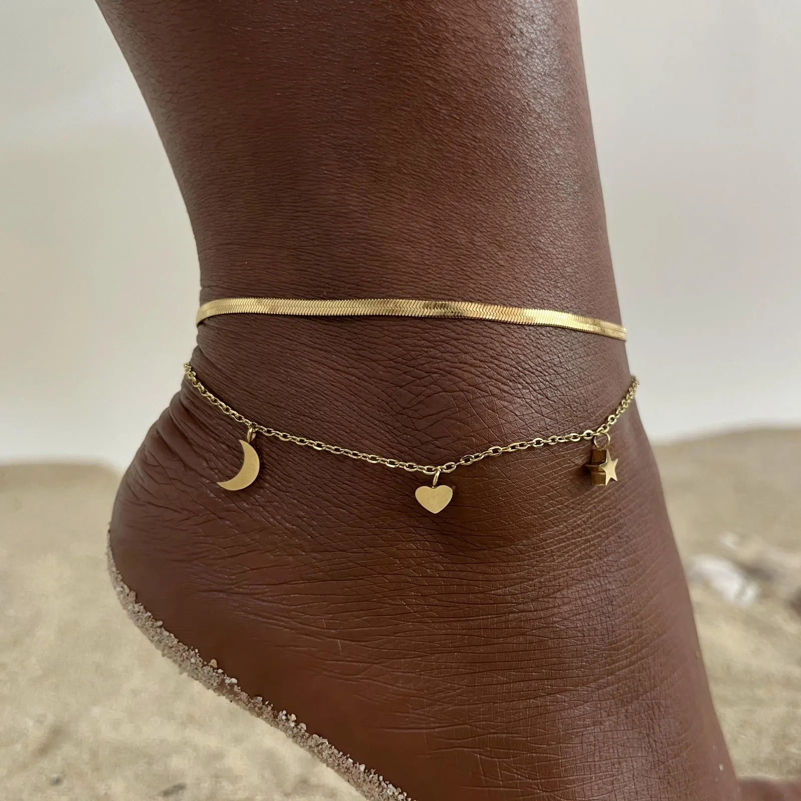 18k Gold Plated Stainless Steel Layered Chain With Beaded  Anklet Bracelet on Leg  for Women