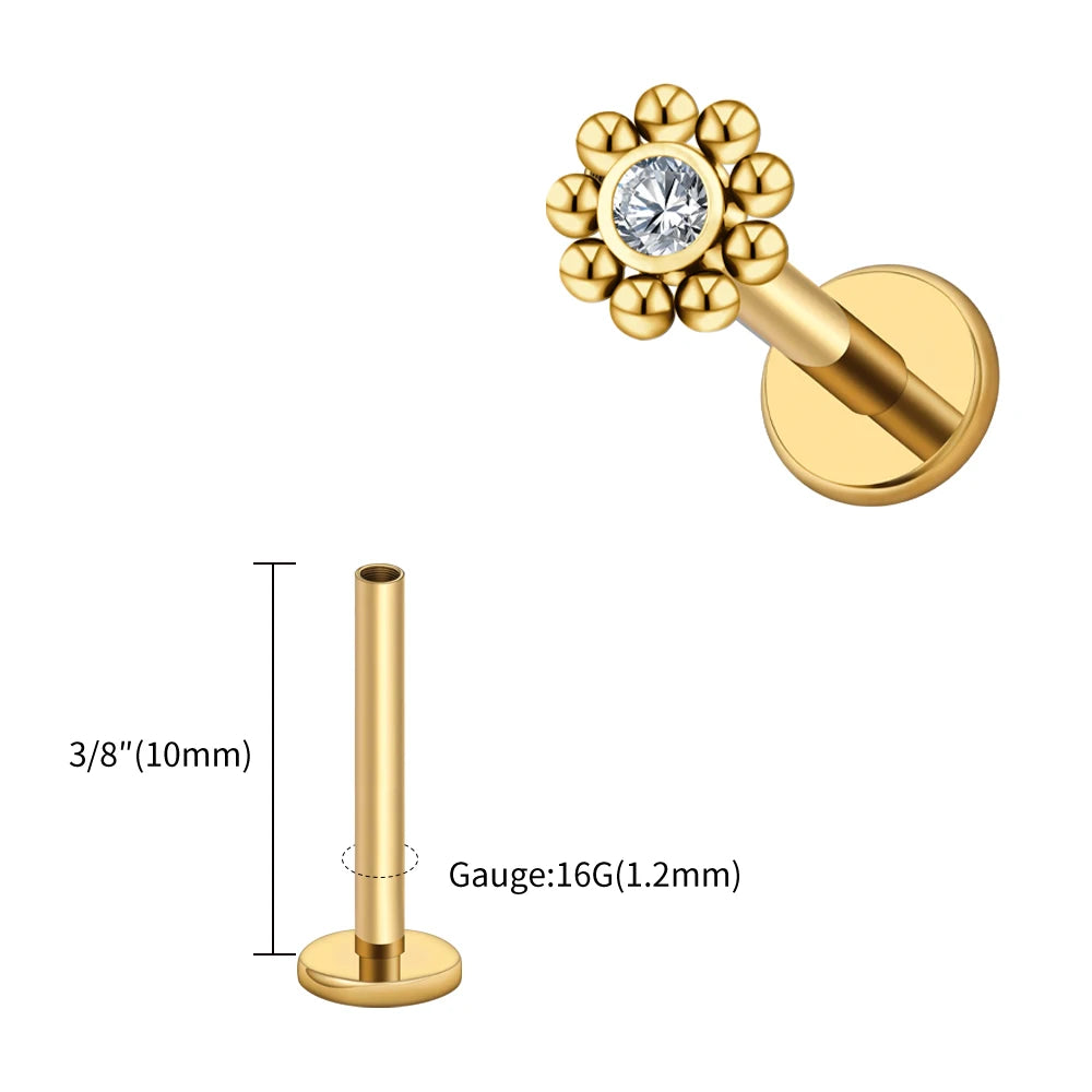 Right Grand ASTM F136 Titanium 16G Mini Beaded Sun Labret Stud CZ Flower Tragus Cartilage Helix Conch Nose Piercing Body Jewelry