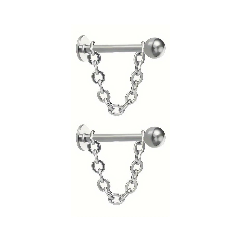 2pcs Fashion Simple Stainless Steel Chain Lip Stud Cartilage Stud Earrings Detachable Piercing Jewelry For Daily Wear