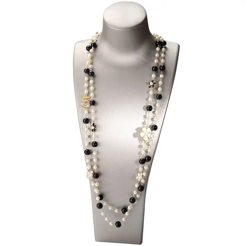 Vintage Lady Camellia Pearls Flower Long Necklace Chain Elegant Double Layers Fashion  Jewelry For Women Party Collares de moda