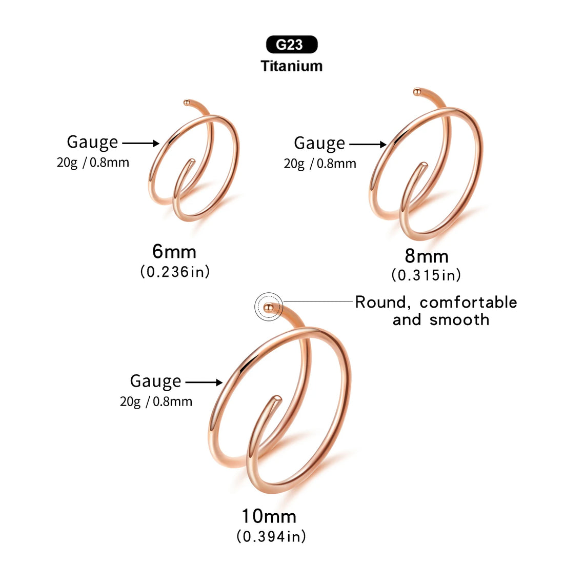 VOJO 20G G23 Titanium Double Hoop Nose Rings 6/8/10mm Hypoallergenic Small Spiral Piercing Jewelry for Women Men