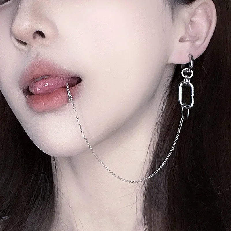 Anime Cosplay Punk Chain Linked Earrings Hinged Lip Ring Fake Piercing Lip Clip Earring Accessories Creative Metal Earrings