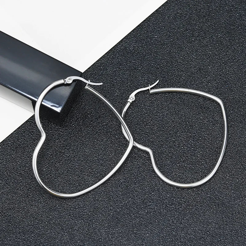 30-60mm Exaggerate Big Hoop Earring Heart Earrings For Women Stainless Steel Gold Color Hip Hop Korea Fashion Jewelry