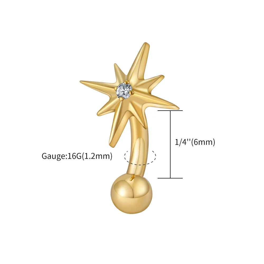Right Grand ASTM F136 Titanium 16G CZ North Star Rook Earring 6mm 8mm Curved Barbell Eyebrow Cartilage Tragus Labret Piercing