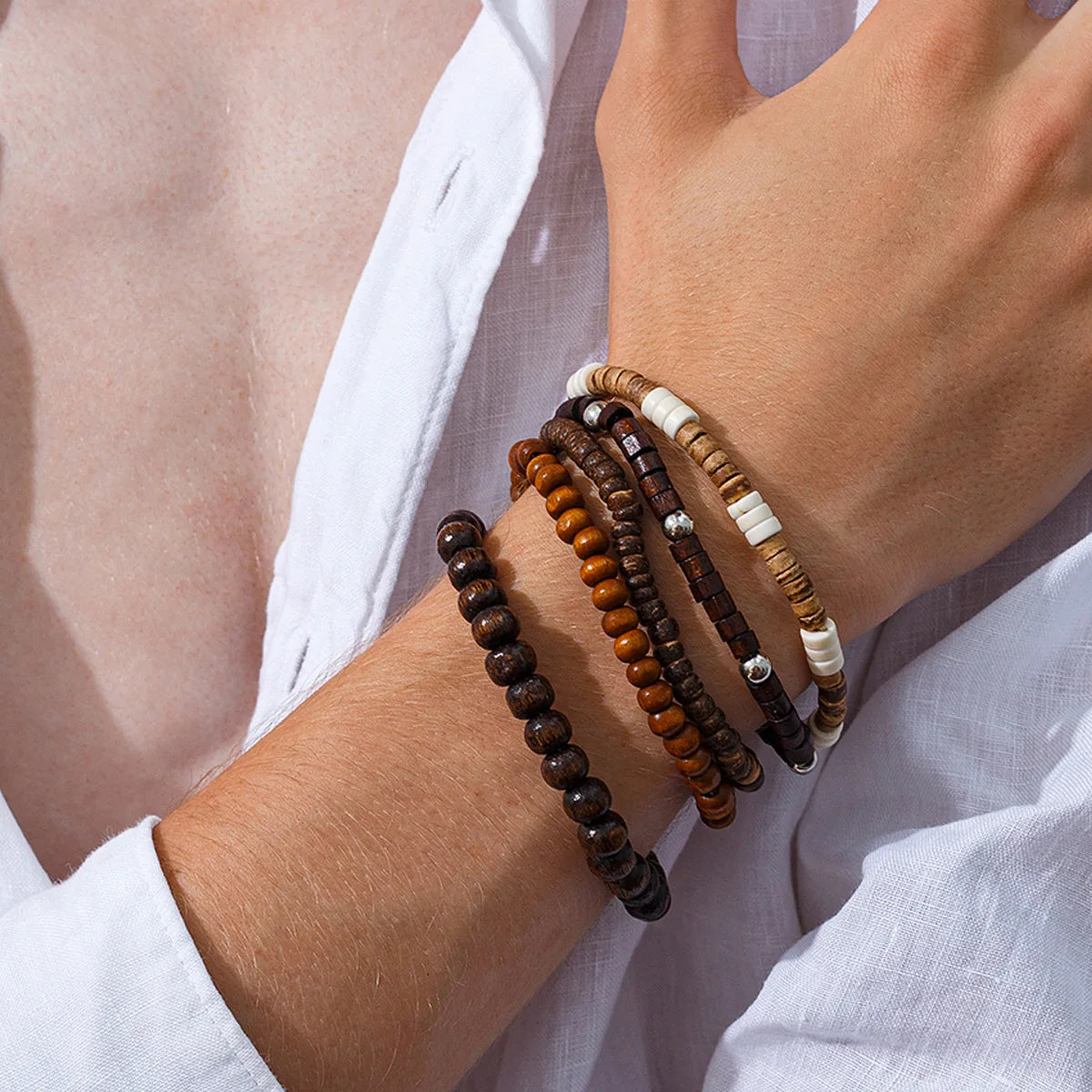 5pcs/set Wooden Beads Bracelet for Men,Hip Hop Niche Natural Stone Stacked Bracelet,Male Handmade Jewelry Gifts