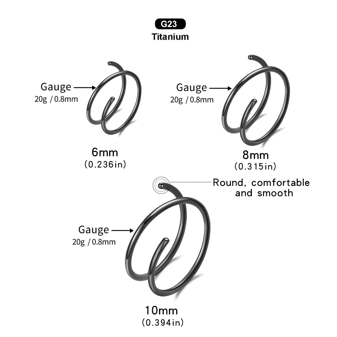VOJO 20G G23 Titanium Double Hoop Nose Rings 6/8/10mm Hypoallergenic Small Spiral Piercing Jewelry for Women Men