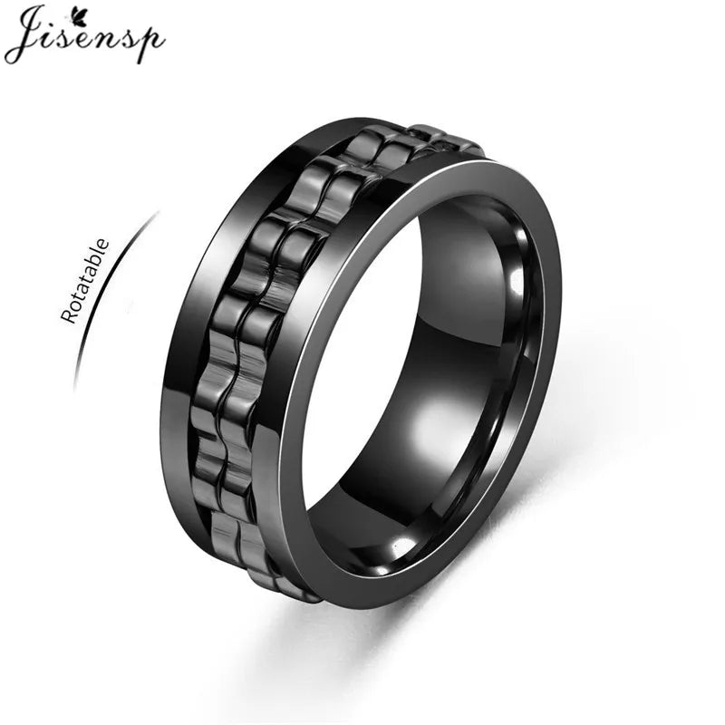 Anti Stress Rotatable Gear Chain Stainless Steel Ring for Men Punk Black Anxiety Spinner Fidget Rings Rock Biker Jewelry Gifts