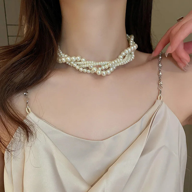 Yupsk Luxury Twining Pearl Choker Necklaces for Women Geometric Necklaces Weddings Bride Jewelry Accessories