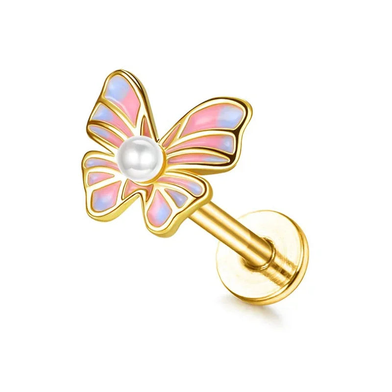 Drperfect 16G Cartilage Earrings Stud for Women Stainless Steel Flat Back Butterfly Moon Flower Helix Tragus Piercing Jewelry